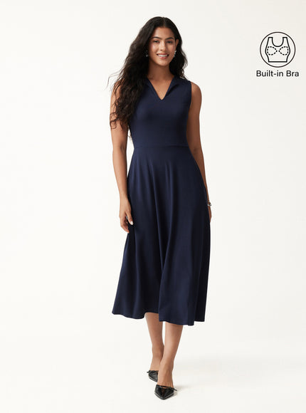 Ribbed Collared V-Neck Sleeveless A-Line Midi Built-In Bra Dress with Pockets