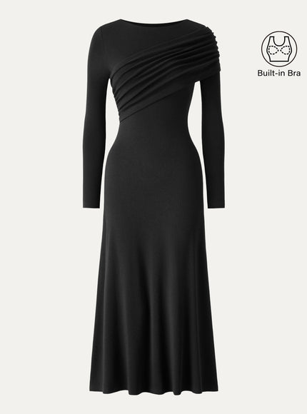 Boatneck Ruched A-Line Midi Built-In Bra Dress
