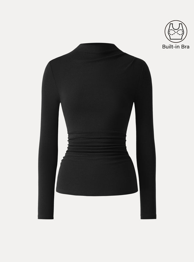 Mock Neck Long Sleeve Ruched Built-In Bra Top