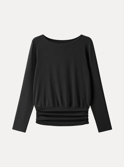 Boatneck Long Sleeve Ruched Banded Hem Top