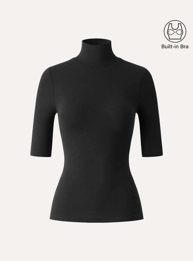 Essential Turtleneck Elbow Length Sleeve Built-In Bra Top - Midnight Navy