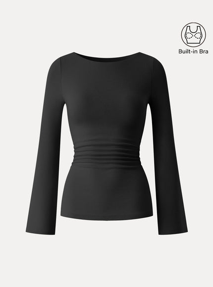Round Neck Bell Sleeve Ruched Built-In Bra Top
