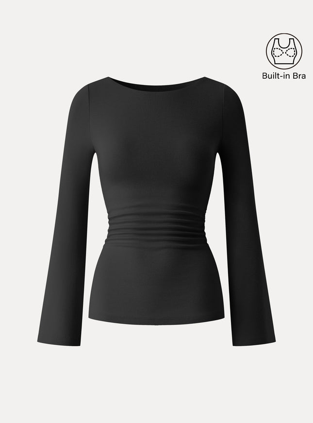 Round Neck Bell Sleeve Ruched Built-In Bra Top