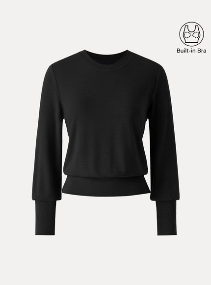 Elevated Crewneck Brushed Built-In Bra Top with Banded Hem