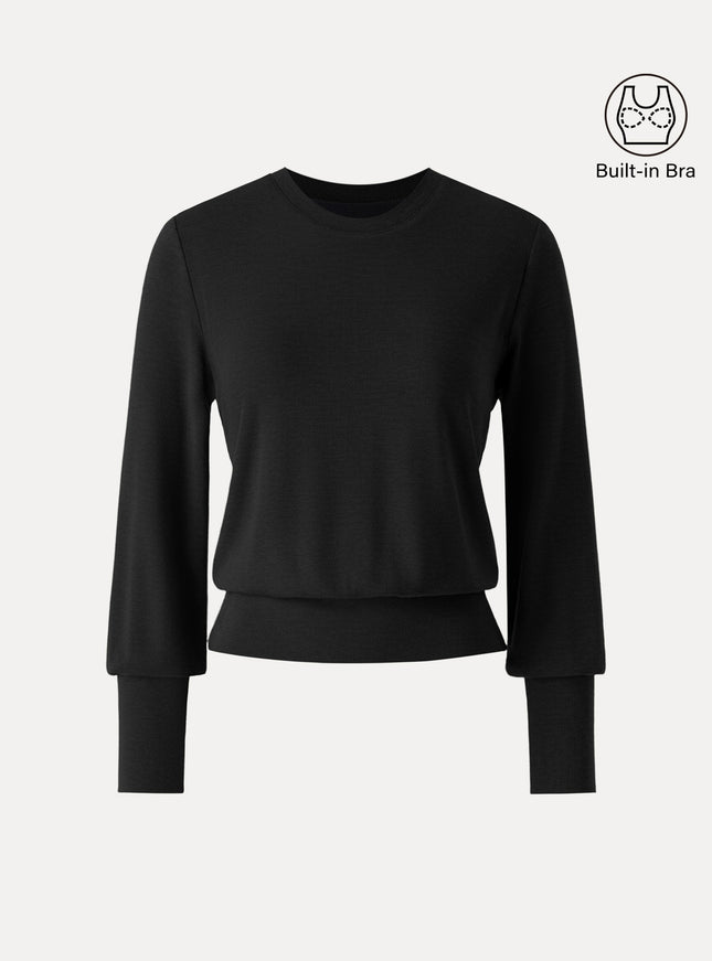 Elevated Crewneck Brushed Built-In Bra Top with Banded Hem
