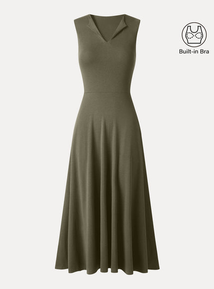 Ribbed Collared V-Neck Sleeveless A-Line Midi Built-In Bra Dress with Pockets