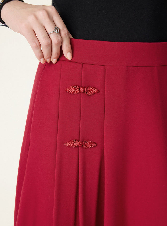 Pleated Frog Button Decor Midi A-line Skirt Limited Edition