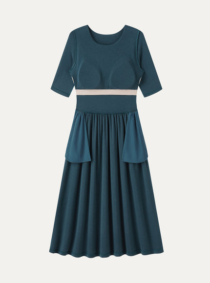 Round Neck Fit-and-Flare Midi Built-In Bra Dress with Pockets