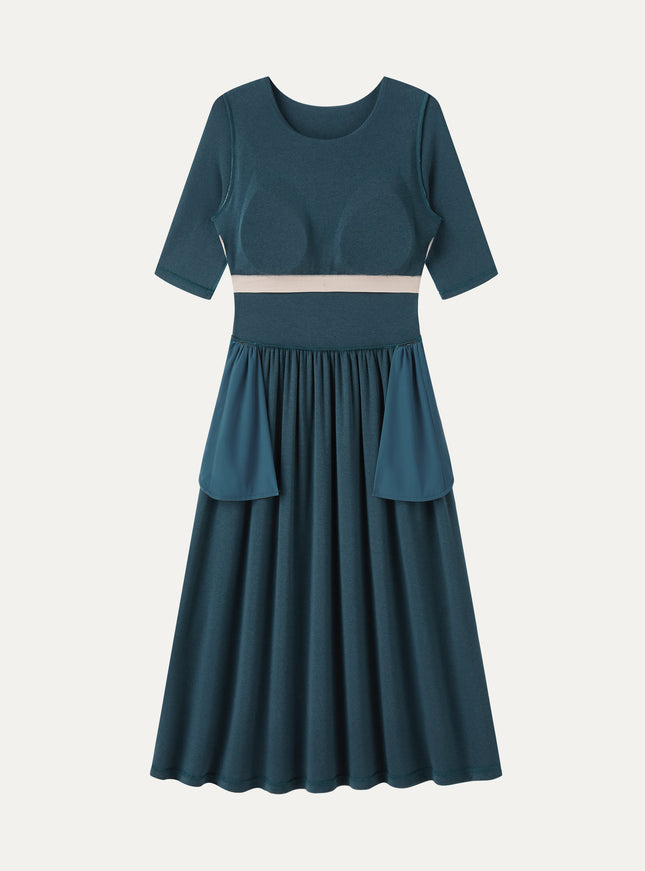 Round Neck Fit-and-Flare Midi Built-In Bra Dress with Pockets
