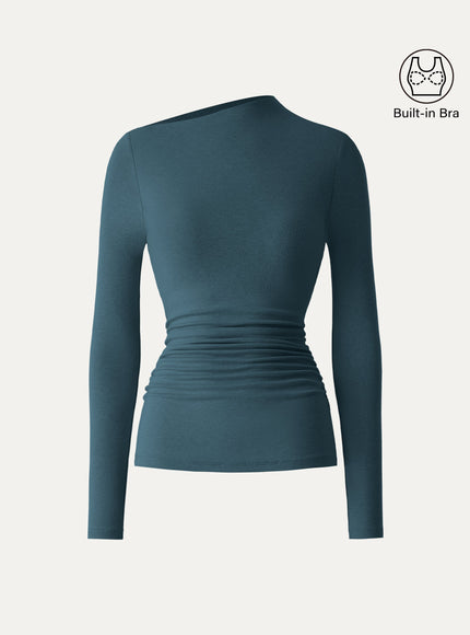 Slanted Mockneck Ruched Built-In Bra Top