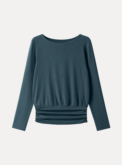 Boatneck Long Sleeve Ruched Banded Hem Top