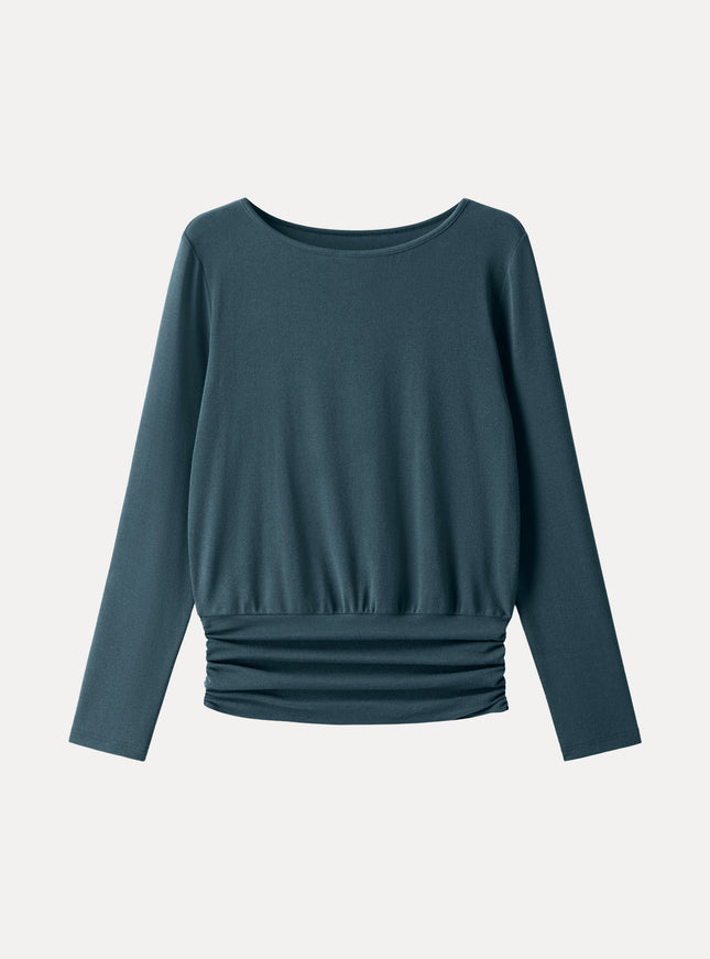 Boatneck Long Sleeve Ruched Banded Hem Top