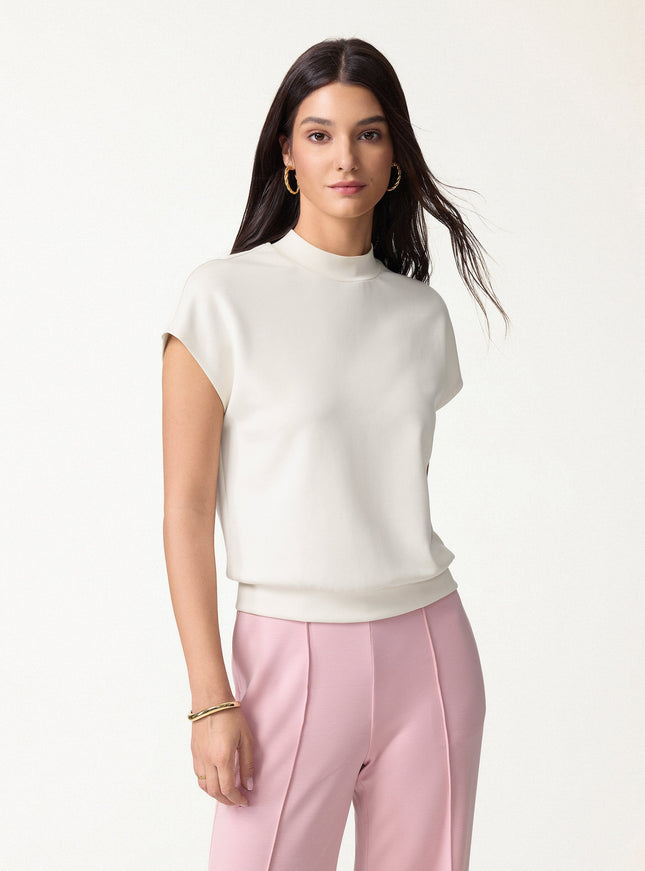 Modal Spacer Knit Mock Neck Cap Sleeve Banded Hem Top