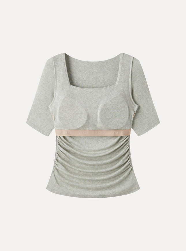 Lyocell-Wool Square Neck Elbow Sleeve Ruched Built-In Bra Top