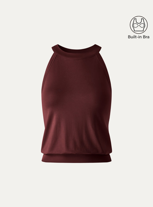 Halter Neck Banded Hem Built-In Bra Tank