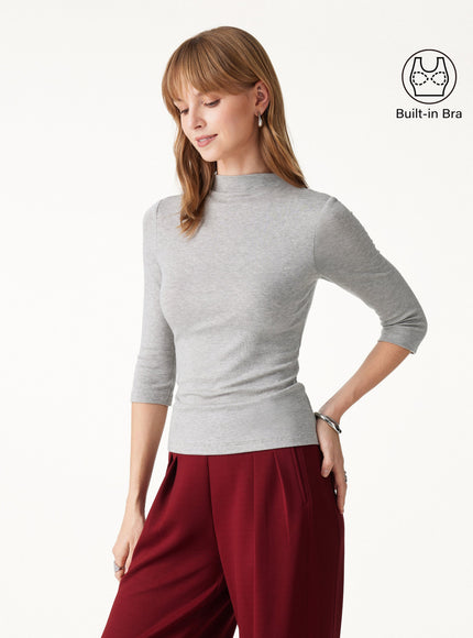Premium Mock Neck 3/4 Sleeve Built-In Bra Top