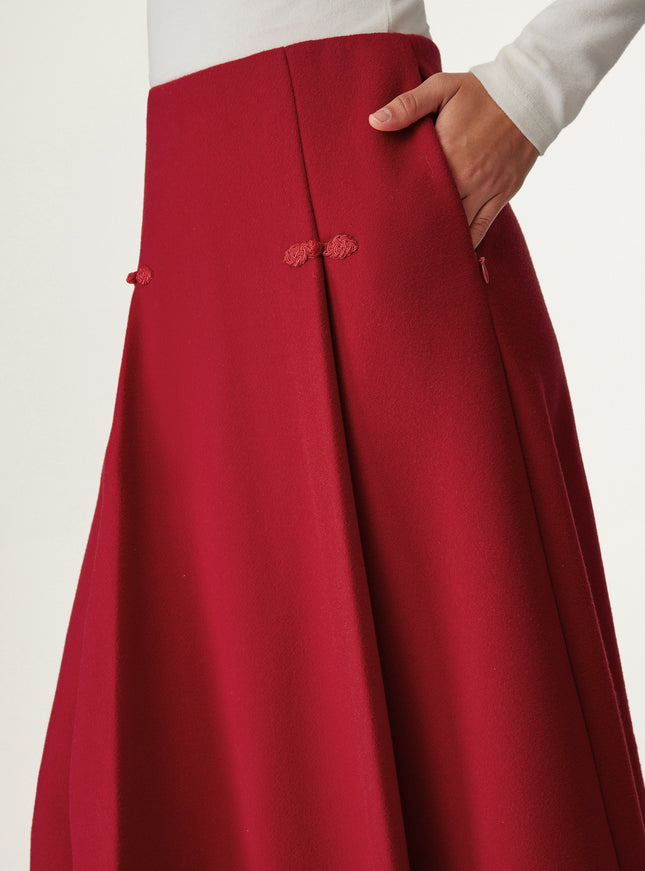 Wool-like Frog Button A-Line Midi Skirt Limited Edition