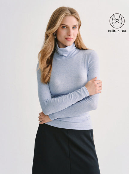 Lyocell-Wool Mock Neck Long Sleeve Built-In Bra Top