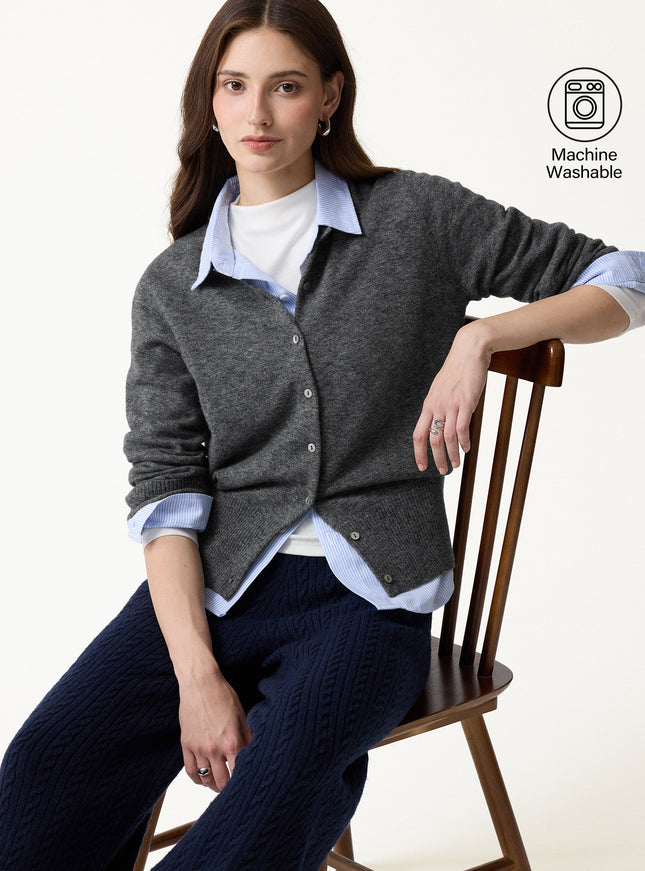 100% Merino Wool Crew Neck Long Sleeve Button-Front Cardigan