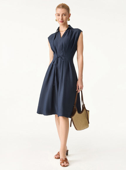 Viscose-Linen Collared V-neck Midi Dress with Drawstring
