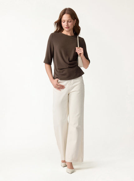 Round Neck Elbow Sleeve Side-Tuck Top