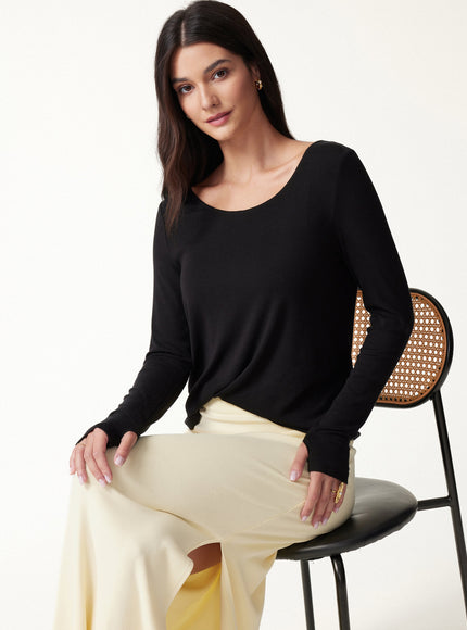 Premium Lyocell-Wool Scoop Neck Thumbhole Long Sleeve Top