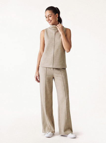 2Pcs Set Petite High Waisted Warm Straight Leg Pull On Pant & Split Hem Top