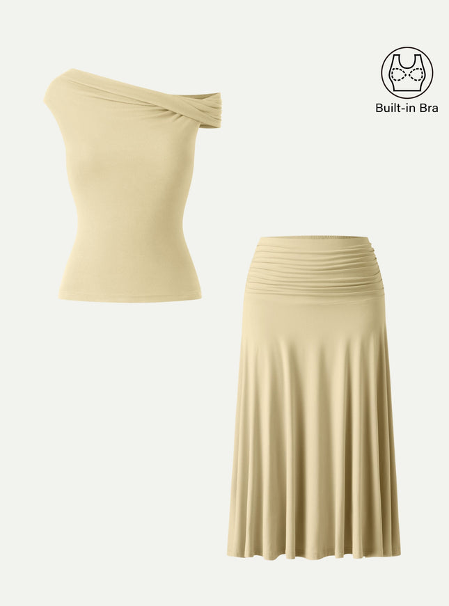 2Pcs Set Multi-wear Built-In Bra Top & Side Ruched A-line Midi Skirt