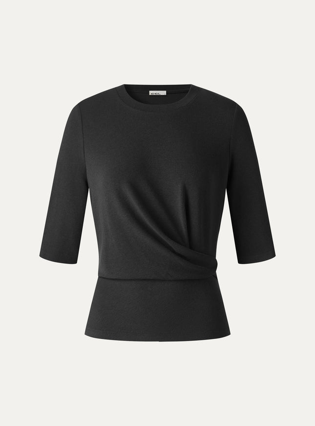 Round Neck Elbow Sleeve Side-Tuck Top