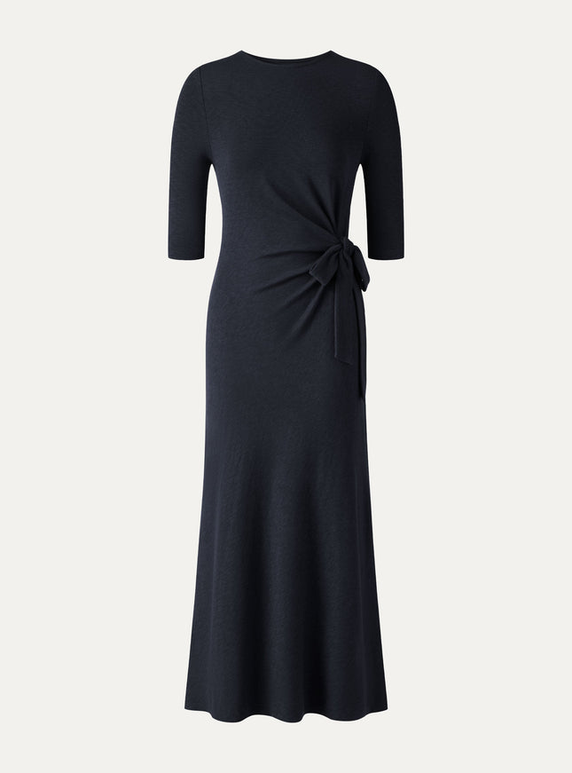 Slub Ribbed Round Neck Elbow Sleeve Tie-Waist Midi Dress