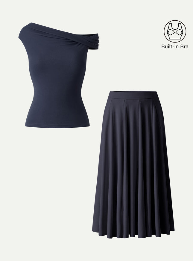 2Pcs Set Multi-wear Built-In Bra Top & Volume Skirt with Pockets