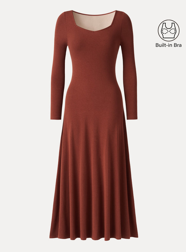Diamond Neck Long Sleeve Drapey Maxi Built-In Bra Dress