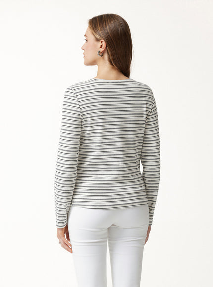 Stripe Round Neck Long Sleeve Button-Up Cardigan