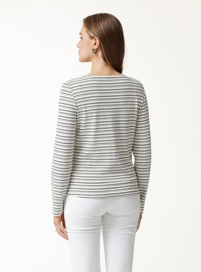 Stripe Round Neck Long Sleeve Button-Up Cardigan