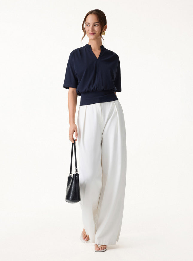 Stand Collar V-Neck Short Sleeve Top