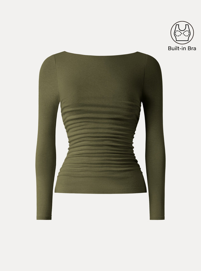 Boatneck Ruched Built-In Bra Top