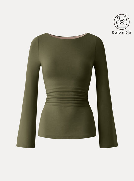 Round Neck Bell Sleeve Ruched Built-In Bra Top