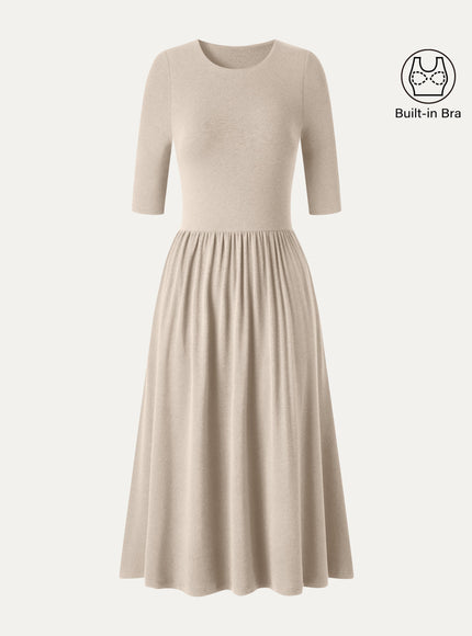 Round Neck Fit-and-Flare Midi Built-In Bra Dress with Pockets