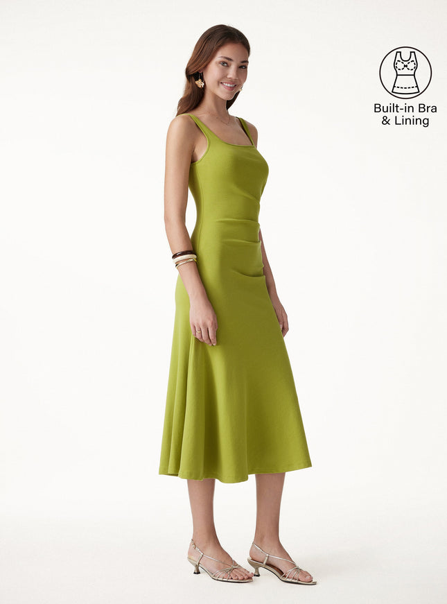 Square Neck Tucked Open Back Built-In Bra Dress