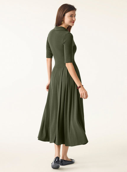 Polo Neck Elbow Length Sleeve Midi Built-In Bra Dress with Pockets