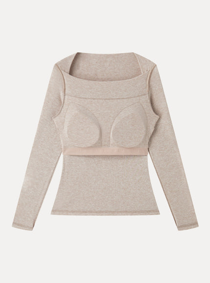 Lyocell-Wool Trapeze Neck Long Sleeve Built-In Bra Top
