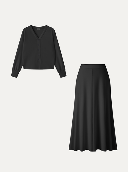 2Pcs Set V-Neck Long Sleeve Cardigan & Knit High-Rise Umbrella Midi Skirt with Pockets