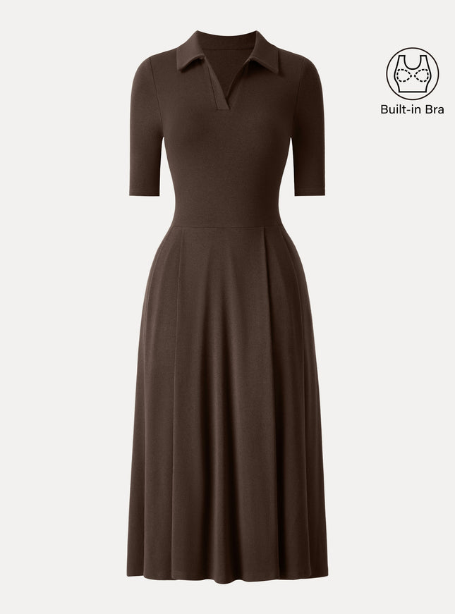 Polo Neck Elbow Length Sleeve Midi Built-In Bra Dress with Pockets