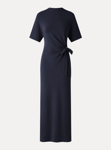 Mock Neck Elbow Sleeve Tie-Waist Midi Dress