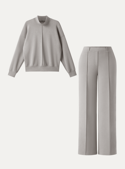 2Pcs Set Mockneck Pullover Shirt & Mid Rise Straight Leg Pants with Pockets