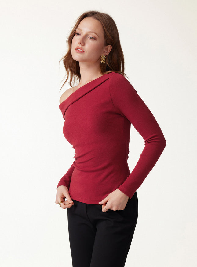 Asymmetrical Neck Long Sleeve Built-In Bra Top