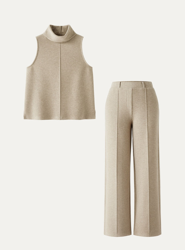 2Pcs Set Petite High Waisted Warm Straight Leg Pull On Pant & Split Hem Top