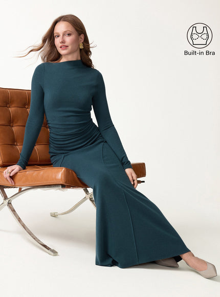 2Pcs Set Asymmetrical Long Sleeve Built-In Bra Top & A-Line Midi Skirt