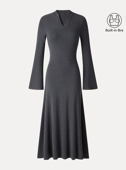 V-Neck Long Sleeve Flowy Midi Built-In Bra Dress