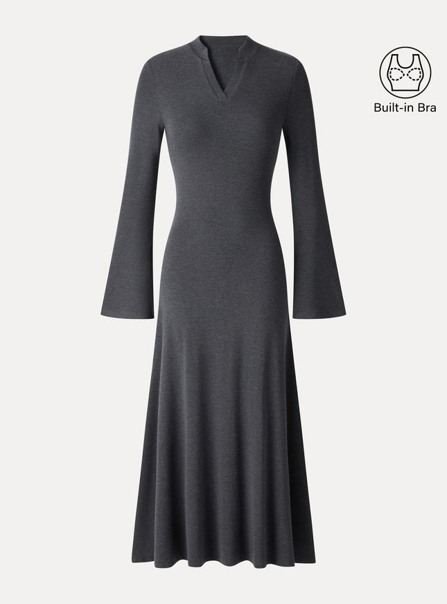 V-Neck Long Sleeve Flowy Midi Built-In Bra Dress